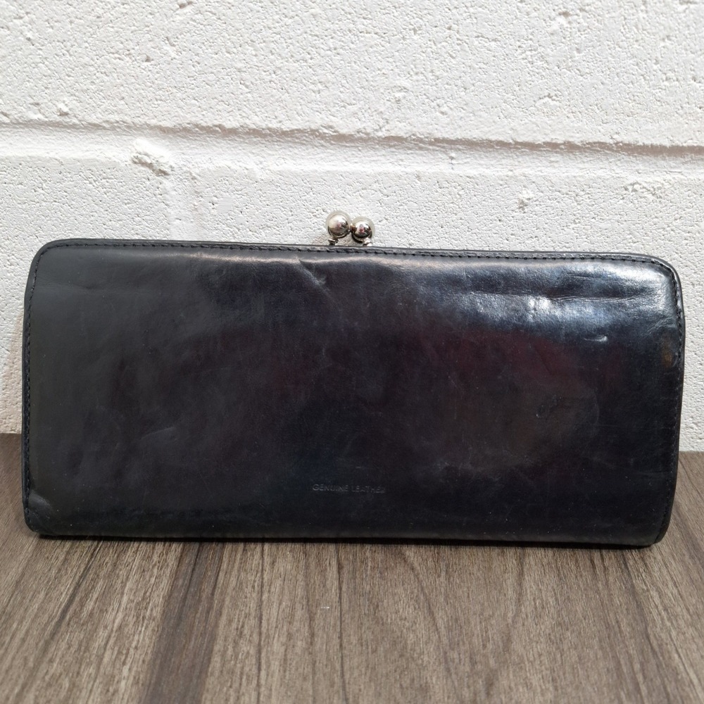 Vintage Genuine Black Leather Damask Floral Kiss Lock Silver Frame Clutch Wallet - Picture 3 of 11
